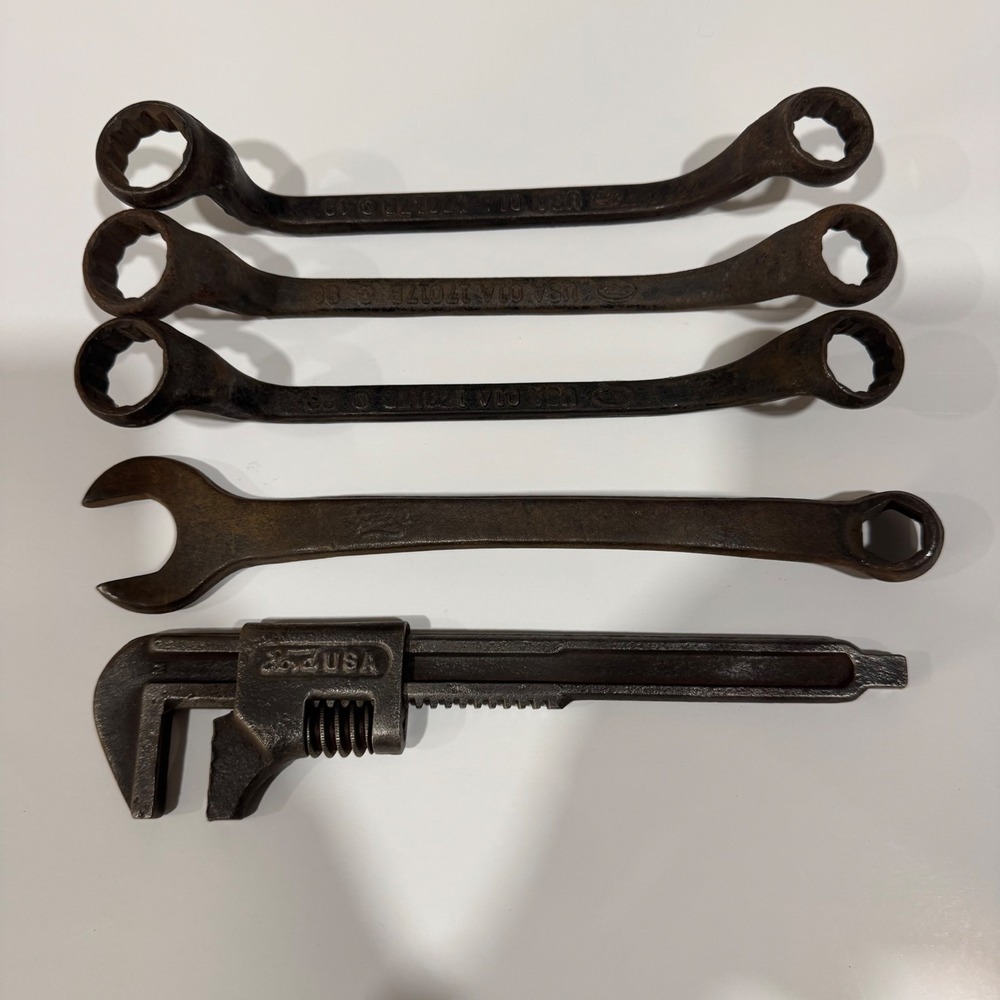 Ford Wrench Set Antique Brown Forged Steel Box End and Adjustable Tools 5pc